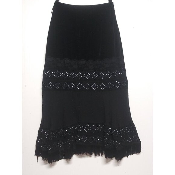 VTG Skirt Black Velvet boho fringed beaded Maxi 90s Michelle Antonelli elastic - Picture 3 of 10